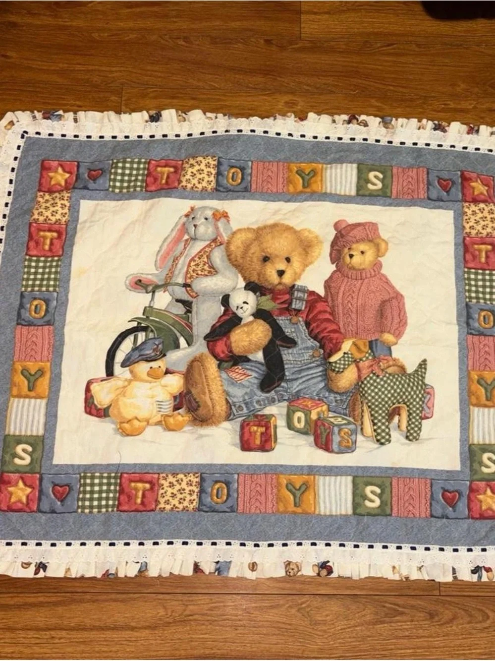 Vintage 90s blue jean teddy bear quilt 44x35